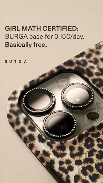 This ad highlights a BURGA phone case with a leopard print design, emphasizing its affordability by framing the daily co