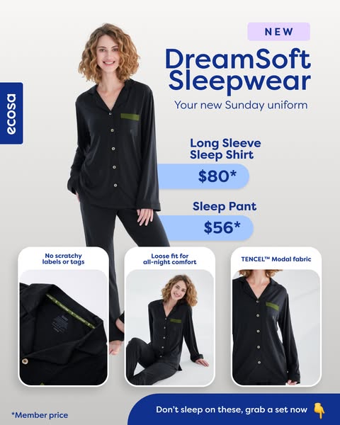 This ad for Ecosa DreamSoft Sleepwear features a woman wearing the pajama set and highlights the product's features,