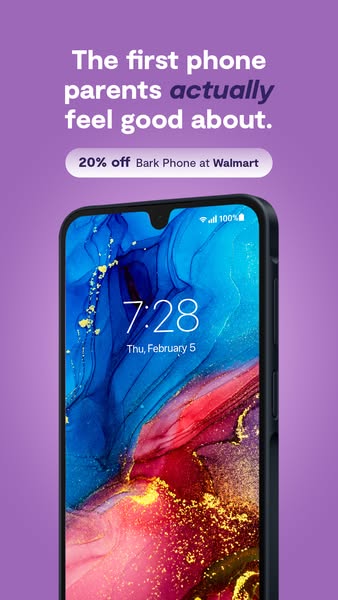 This image ad promotes the Bark Phone as a phone that parents feel good about. It features a phone displaying the home s