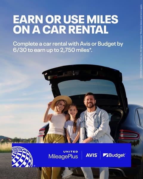This image ad promotes United MileagePlus, Avis, and Budget, encouraging users to earn or use miles on car rentals compl
