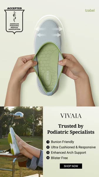 This ad showcases VIVAIA shoes, specifically the Izabel model, highlighting its comfort and support features for foot he