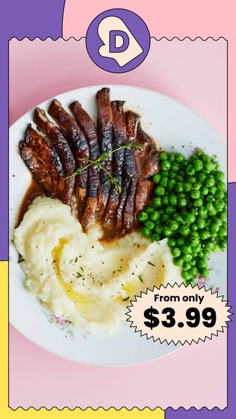 This image ad features a plate of food with mashed potatoes, peas, and sliced steak. The ad is designed with a cartoonis