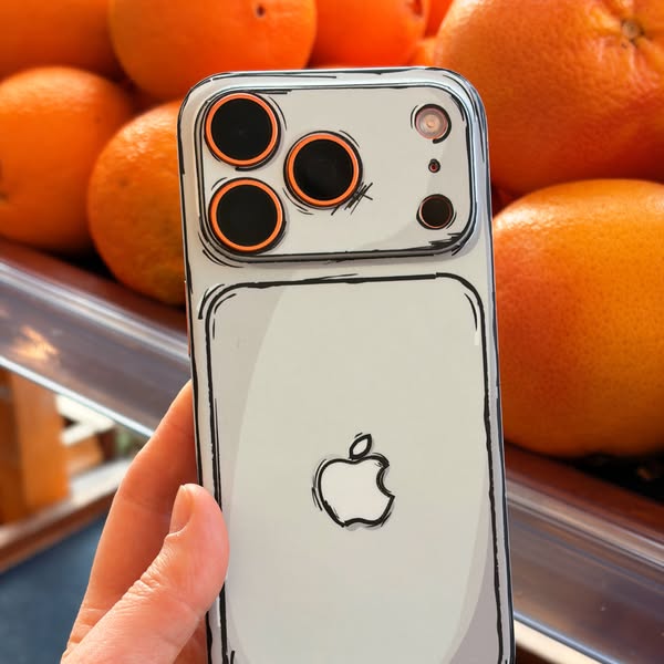 This ad features a phone case with a cartoon-like design. The phone case is being held in front of a background of orang