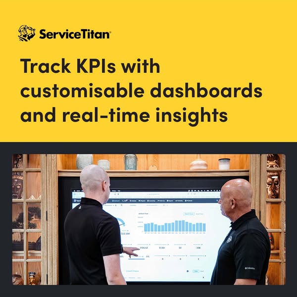 This ad for ServiceTitan highlights the ability to track KPIs with customizable dashboards and real-time insights. Two m