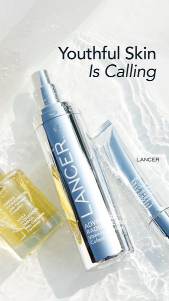 This image ad showcases three Lancer Skincare products, including the Omega Hydrating Oil, the Advanced Radiance Vitamin