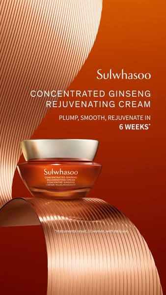 This ad showcases Sulwhasoo's Concentrated Ginseng Rejuvenating Cream, highlighting its ability to plump, smooth, an