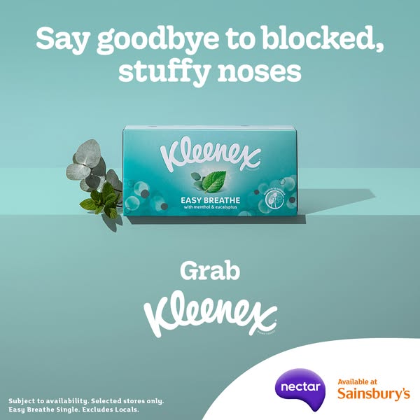 This ad for Kleenex promotes its Easy Breathe tissues with menthol and eucalyptus, targeting those with blocked or stuff