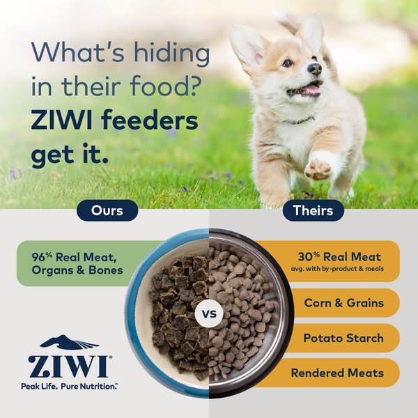 This ad compares Ziwi dog food to other brands, highlighting the higher percentage of real meat, organs, and bones in Zi