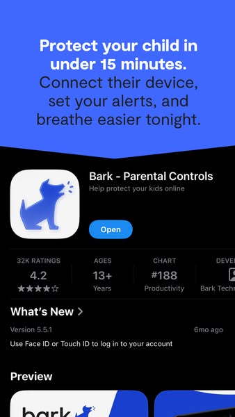 This mobile app ad is for Bark, a parental control app, and features what an app store listing looks like for it.
