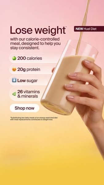 This ad promotes Huel Diet as a calorie-controlled meal designed to help you lose weight and stay consistent. It highlig