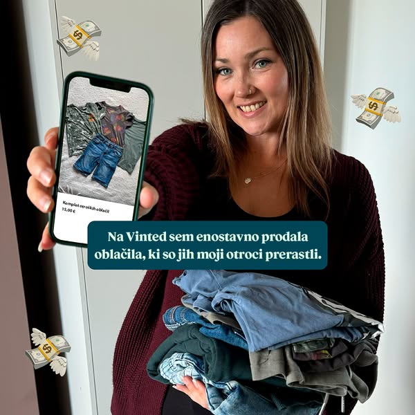 This ad features a woman holding a stack of clothes and a phone displaying a listing on Vinted. She shares her positive 