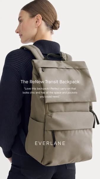 This ad features Everlane's ReNew Transit Backpack. It showcases the backpack being worn and highlights a quote abou