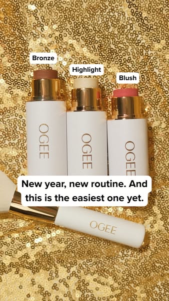 This ad showcases the OGEE skincare stick product line in the bronze, highlight, and blush product offerings. The ad fea