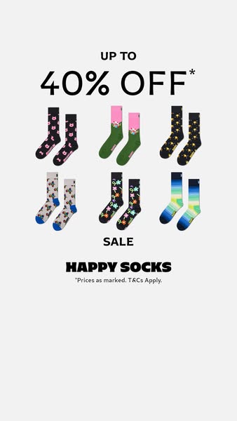 This image ad showcases a variety of Happy Socks socks that are on sale for up to 40% off.