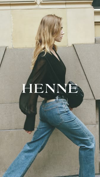 This ad uses a lifestyle image of a model wearing Henne brand clothing, with the brand's name prominently displayed,