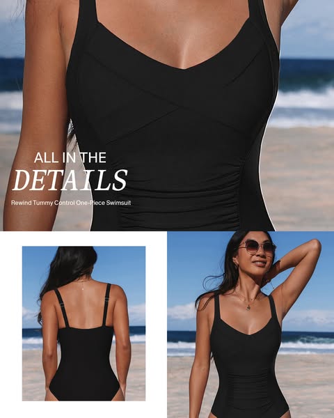 This ad highlights the details of a one-piece swimsuit.