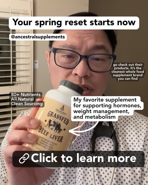 An image ad featuring a man, likely a doctor, holding a bottle of Ancestral Supplements Grassfed Beef Liver capsules. He