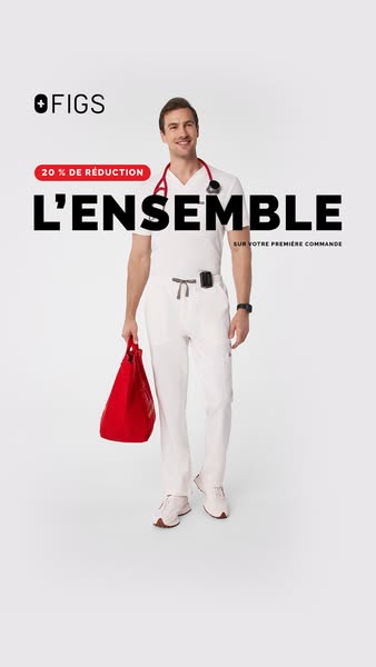 This ad for FIGS features a medical professional wearing a full set of FIGS scrubs and holding a red FIGS tote bag. The 