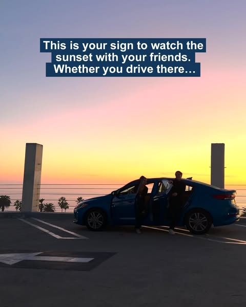 This ad promotes a car brand by showing two people exiting a blue car at the top of a parking structure to watch the sun