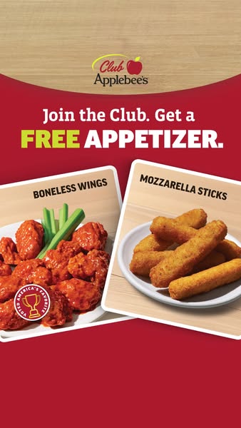 This image ad promotes the Applebee's Club and advertises a free appetizer when you join. It features imagery of bon