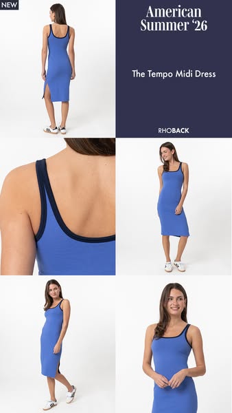 This image ad for Rhoback features a model wearing The Tempo Midi Dress in a collage of images to showcase the product.