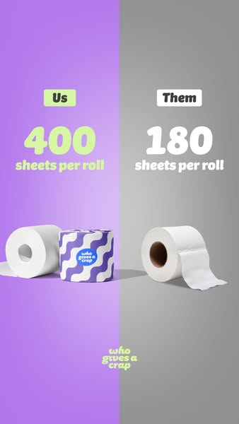 This ad compares Who Gives a Crap toilet paper to other brands, highlighting that Who Gives a Crap has 400 sheets per ro