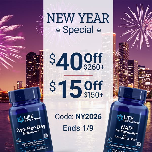 This image ad promotes Life Extension's New Year Special, offering discounts on purchases over a certain amount. It 