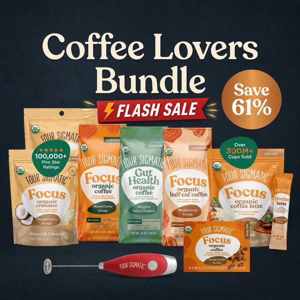 This ad promotes the Four Sigmatic 'Coffee Lovers Bundle' with a flash sale offering a 61% discount. The ad high