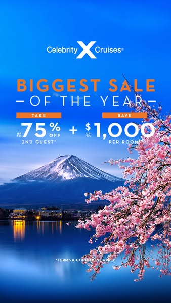 This image ad promotes Celebrity Cruises' biggest sale of the year, offering up to 75% off for the second guest and 