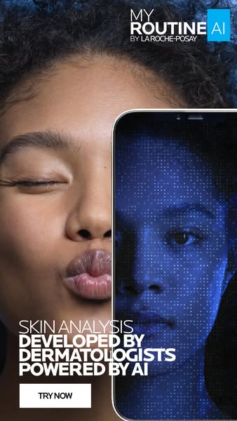 The ad promotes La Roche-Posay's AI-powered skin analysis tool, which is developed by dermatologists. The ad feature