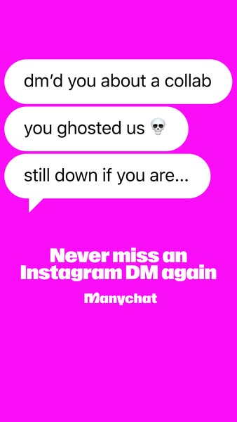This image ad for Manychat uses a mock Instagram DM conversation to highlight the pain point of missing collaboration op