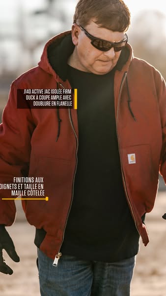 This ad showcases the J140 Active Jac from Carhartt, highlighting its features and design. The ad uses a close-up shot o