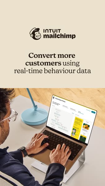 This single image ad for Mailchimp shows a person using a laptop that features the Mailchimp Automation Flows dashboard,