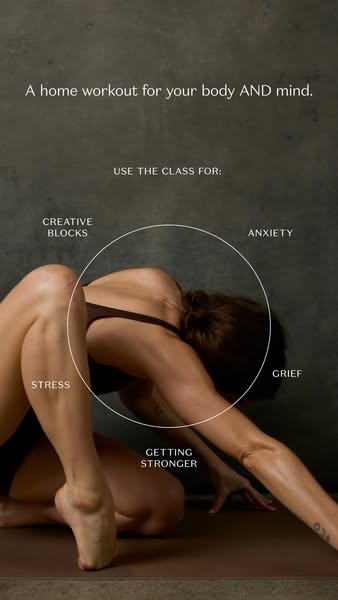 This image ad promotes a home workout class for both the body and mind, targeting various emotional and mental states su