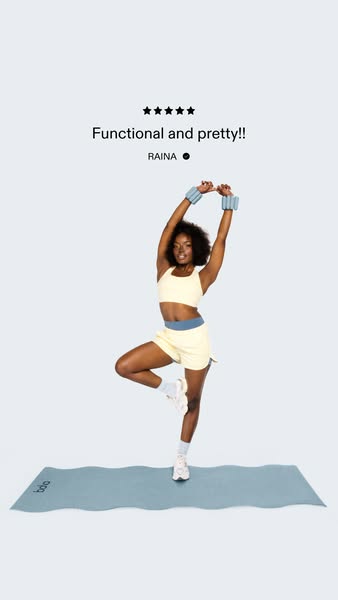 An ad featuring bala bangles with a customer testimonial and demo of the products in use. 