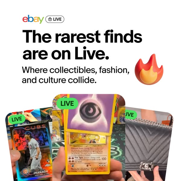 The ad highlights that eBay is a place to find the rarest collectibles, fashion, and culture on their Live platform. Thr