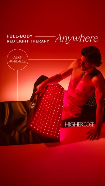 This ad showcases the HIGHERDOSE red light therapy device, emphasizing its full-body coverage and portability. It featur