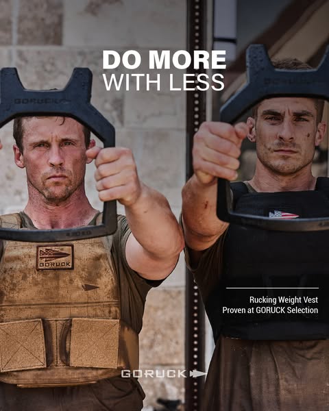 This image ad for GORUCK features two men wearing weighted vests and holding weight plates. The ad emphasizes the brand&