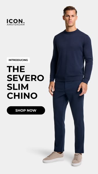 The ad introduces ICON Amsterdam's Severo Slim Chino with a full shot of a model wearing the pants and a top of the 
