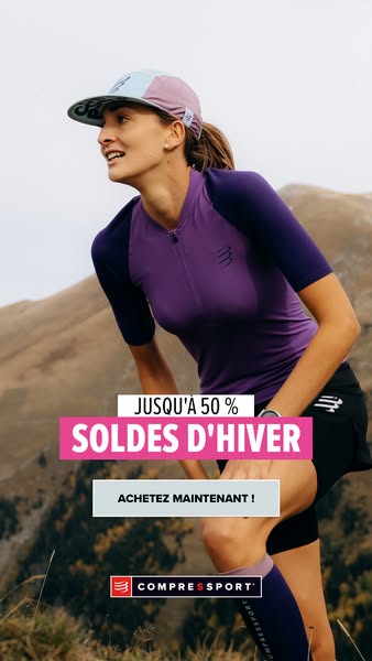 This image ad by Compressport promotes their winter sale with up to 50% off. The ad features a woman in Compressport act
