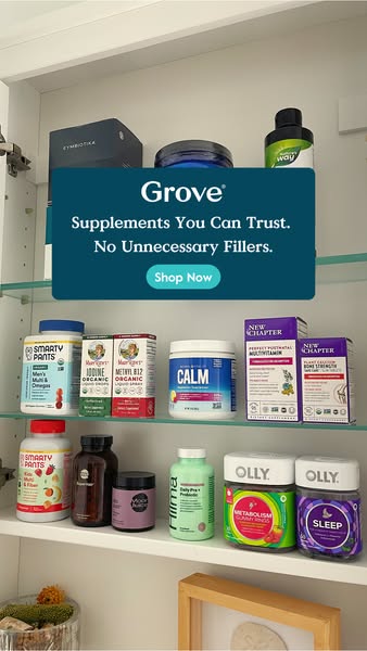 This image ad showcases a variety of supplements from the brand Grove, emphasizing their trustworthiness and lack of unn
