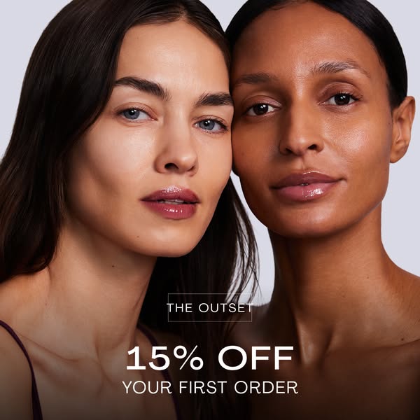 A visually-driven ad from The Outset featuring two women with clear skin. The ad highlights a first-order discount, posi