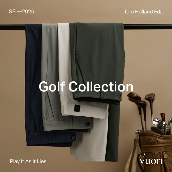 This ad showcases the Vuori Golf Collection of pants, emphasizing a collaboration with Tom Holland and the brand's e