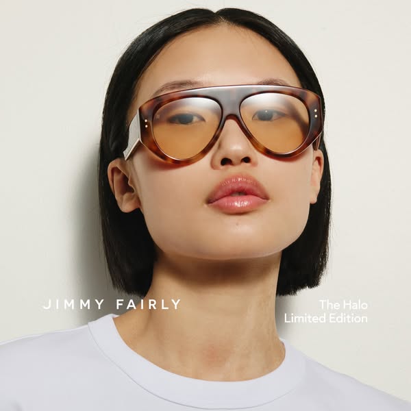 This ad features a close-up shot of a model wearing Jimmy Fairly sunglasses. The ad highlights the brand and the specifi