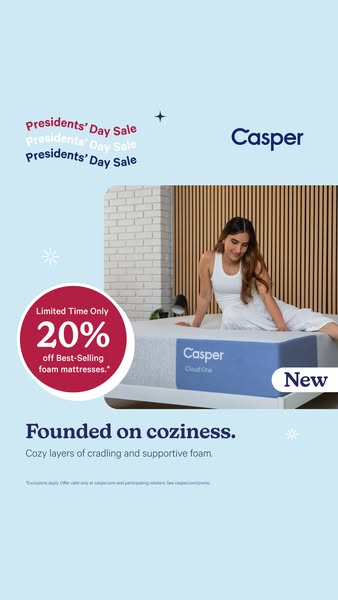 This ad showcases a Casper mattress, highlighting its coziness and supportive foam layers. The ad features a President&#