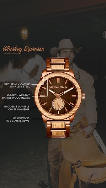 This ad showcases the Whiskey Espresso watch by Original Grain, highlighting its espresso-colored stainless steel, genui