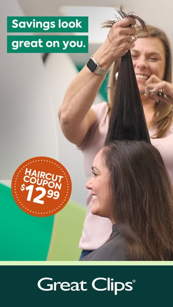 This image ad for Great Clips features a woman getting her hair cut and highlights a haircut coupon for $12.99.