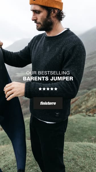 This ad showcases Finisterre's bestselling Barents Jumper, highlighting its popularity through a star rating and a d