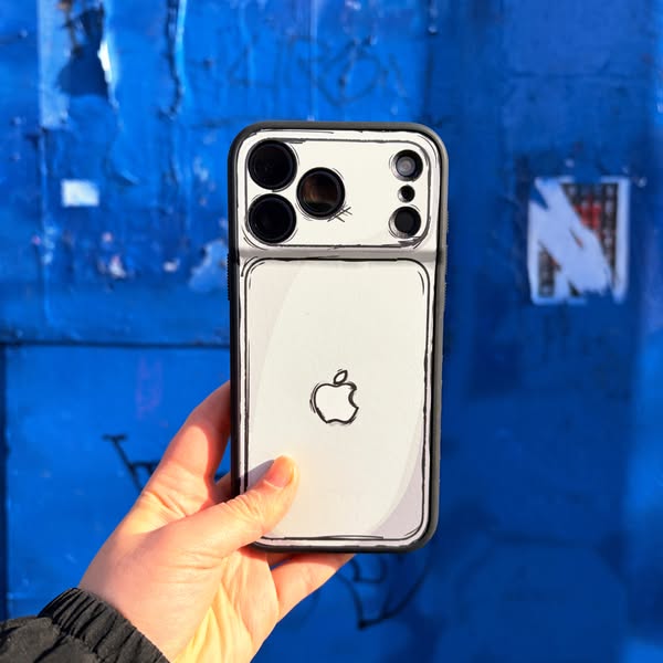 This ad features a hand holding a phone with a cartoon-style phone case. The phone case is white with black line art, an