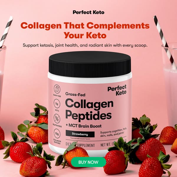 This image ad promotes Perfect Keto's collagen peptides, emphasizing their compatibility with a ketogenic diet and t